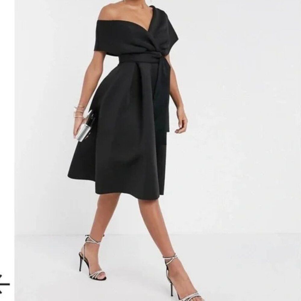 NEW ASOS Design flattering Fallen Shoulder midi mini cocktail dress black NWT 4